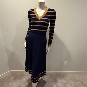 VTG Crissa Linea Italiana 70s Navy Gold Wool Blend Knit Sweater Dress Mod Boho